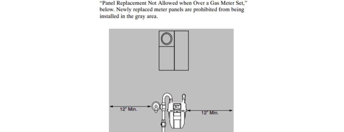 A diagram illustrating PG&E rules for proper meter panel placement in relation to a gas meter set.