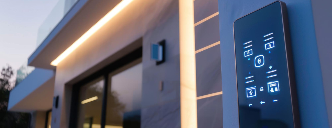 Smart electrical panel with touchscreen interface installed outside a modern home.