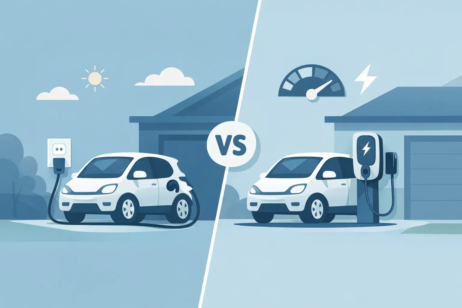 Split illustration comparing electric vehicle charging: left side at a home outlet, right side at a public charger with a garage in the background.